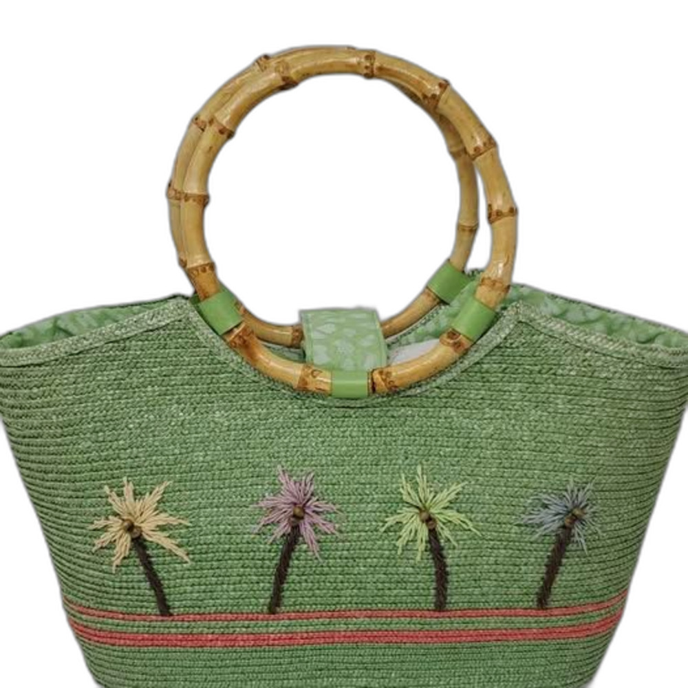 Green Straw Palm Tree Tote with Bamboo Handles